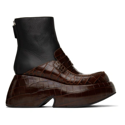 Loewe Croc-effect And Smooth Leather Platform Ankle Boots In Brown
