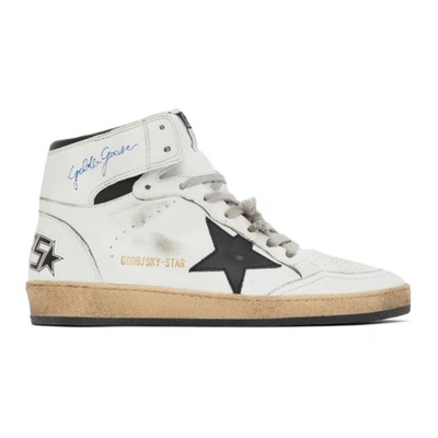 Golden Goose Sky-star Distressed Printed Leather High-top Sneakers In Bianco
