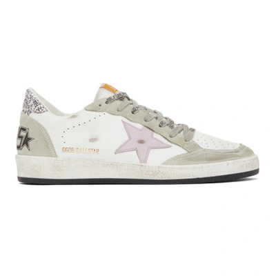 Golden Goose Ball Star Leather Low-top Sneakers In White/lilac/oil Green/silver