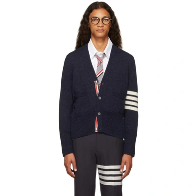 Thom Browne Navy Cardigan With 4-bar Details In Blue