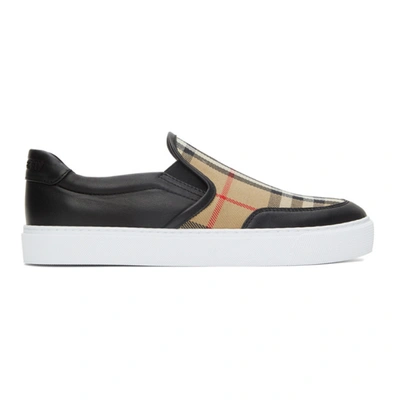 Burberry Vintage Check Leather And Canvas Sneakers In Black