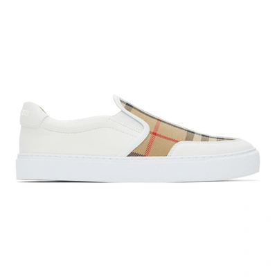 Burberry Checked Canvas And Leather Slip-on Sneakers In White