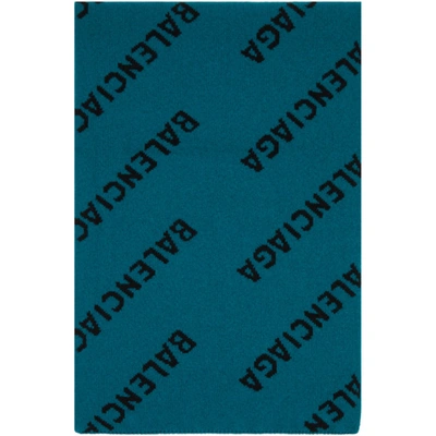 Balenciaga Petrol-colored Organic Wool Scarf With Allover Logo In Blu