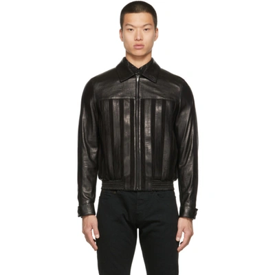 Saint Laurent Striped Leather Jacket In Black