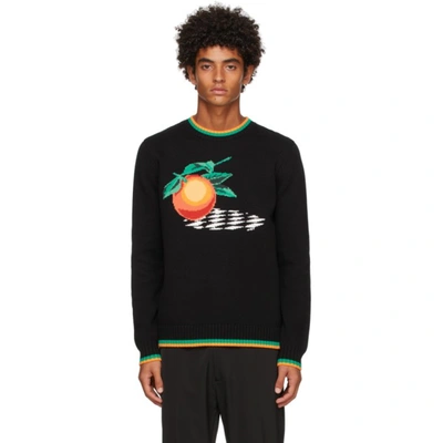 Casablanca Fruit-intarsia Trimmed Cotton Sweater In Black