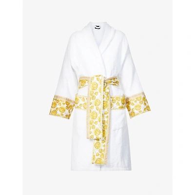 Versace Brand-print Cotton Towelling Dressing Gown In Z7010 White Gold