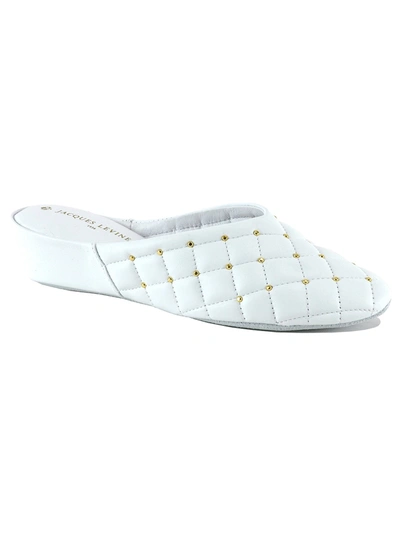 Jacques Levine Quilted Leather Stud Wedge Slipper In White
