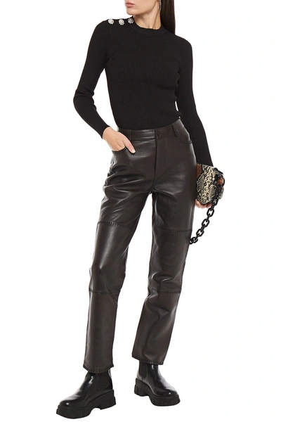 Ganni Leather Slim-leg Trousers In Dark Brown