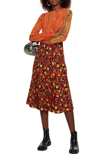 Proenza Schouler Pleated Printed Crepe Midi Skirt In Tomato Red