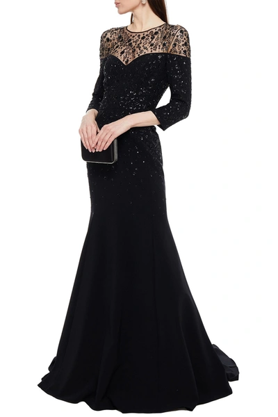 Carolina Herrera Sequin-embellished Tulle-paneled Crepe Gown In Black
