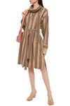 Acne Studios Belted Striped Wool-blend Dress In Sand