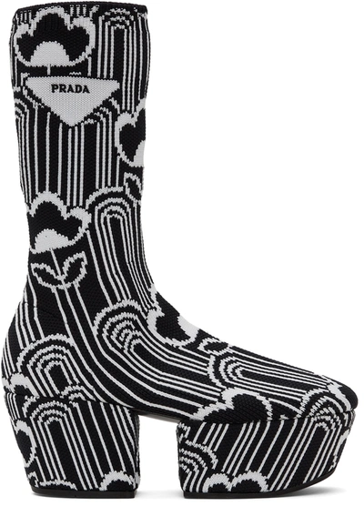 Prada Deco Jacquard Platform Boots In Nero Bianco