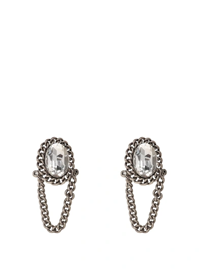 Alessandra Rich Crystal Oval Earrings With Hanging Chain In Silver