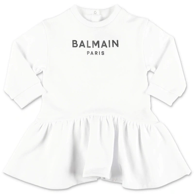 Balmain Kids Logo Printed Flared Sweatshirt Dress In White
