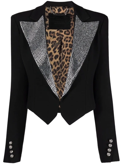 Philipp Plein Crystal-embellished Cropped Blazer In 黑色