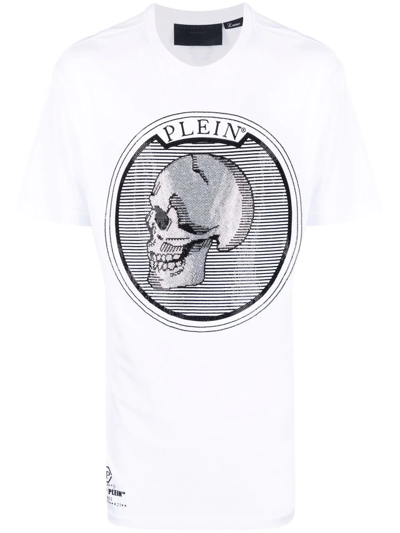 Philipp Plein Outline Skull Crystal Cotton T-shirt In 白色