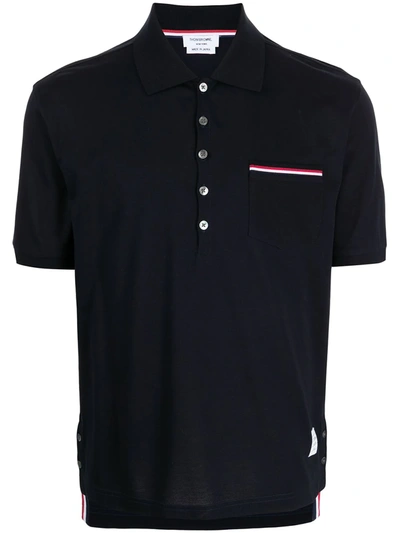 Thom Browne Heather Polo Shirt With Striped Pocket In Navy