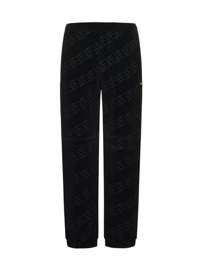 Fendi Ff-jacquard Cotton-blend Velvet Track Trousers In Black