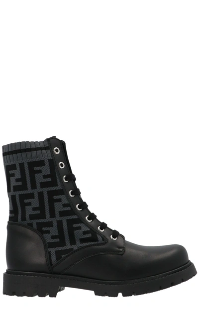 Fendi Kids Ff Motif Combat Boots In Black