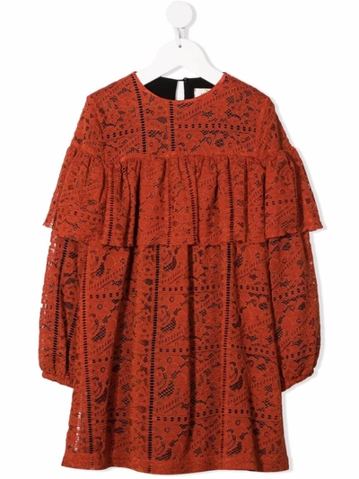Andorine Lace-pattern Ruffled Dress In 橘色