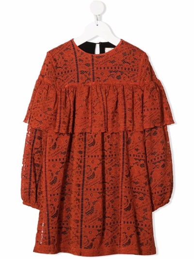 Andorine Kids' Lace-pattern Ruffled Dress In 橘色