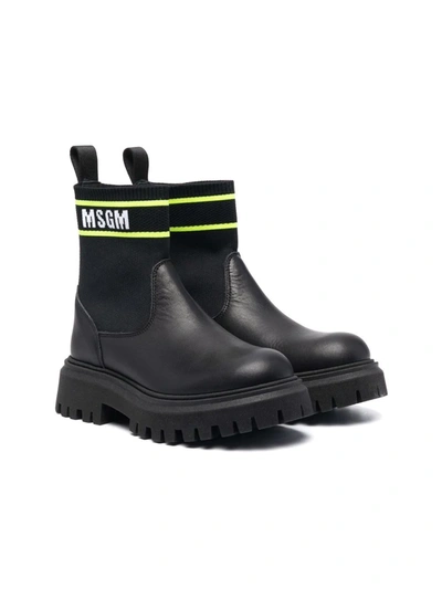 Msgm Teen Leather Ankle-sock Boots In Black