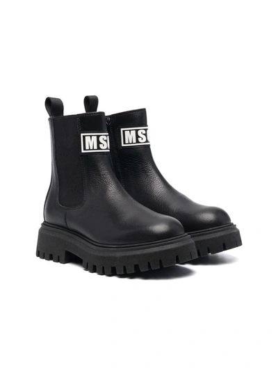 Msgm Teen Logo-patch Leather Chelsea Boots In 黑色