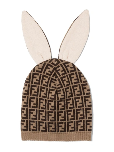 Fendi Babies' Jacquard Ff-motif Bunny Beanie In 褐色