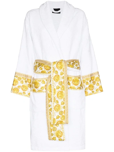 Versace Printed Poplin-trimmed Cotton-terry Jacquard Robe In White