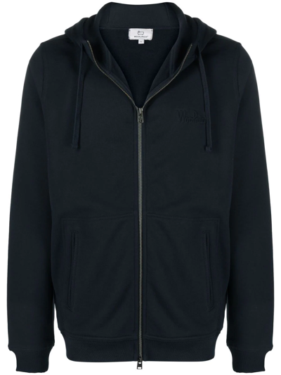 Woolrich Logo-embroidered Zipped Hoodie In Blue