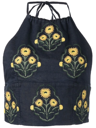 Agua By Agua Bendita Women's Castaña Embroidered Linen Cropped Halter Top In Navy