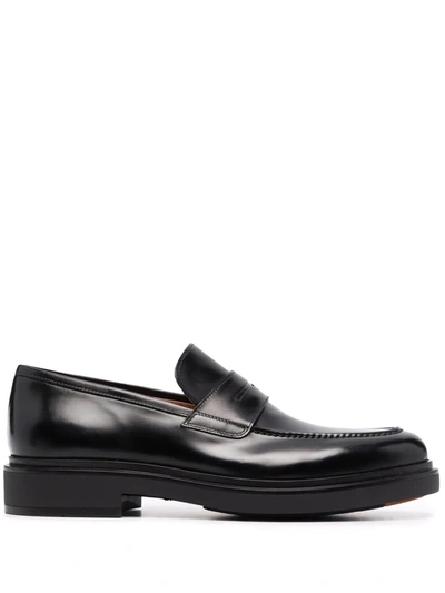 Santoni Brushed Leather Penny Loafers In 黑色