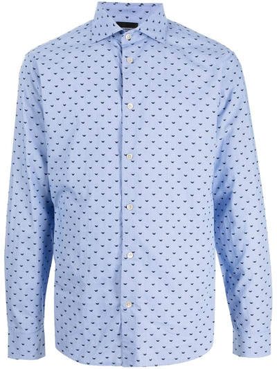 Emporio Armani Cotton Shirt With All-over Micro Eagles In Azure