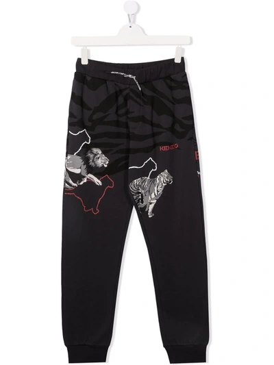 Kenzo Kids' Animal-print Cotton Track Trousers In 灰色