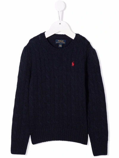 Ralph Lauren Logo-embroidered Cable Knit Sweater In Blue