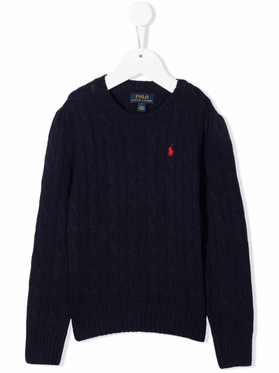 Polo Ralph Lauren Kids' Logo-embroidered Cable Knit Sweater In Blau