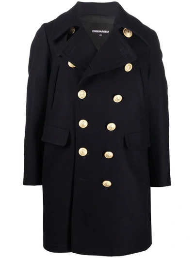 Dsquared2 Gold-embossed Double-breasted Coat In Dark Blue