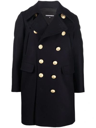 Dsquared2 Black Coat With Double-breasted Fastening And Branded Buttons In Wool Man In Navy