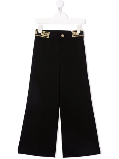 Moschino Kids' Logo-waistband Straight Trousers In 黑色