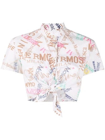 Pre-owned Moschino 2000s All-over Logo Print Cropped Shirt In White
