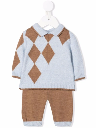 Colorichiari Diamond-knit Wool Babygrow Set In 蓝色