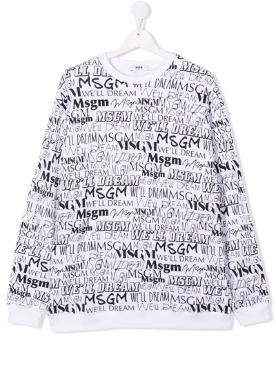 Msgm Kids White Sweatshirt With All-over Logo