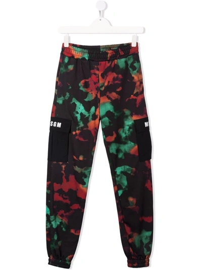 Msgm Kids' Tie & Dye Print Cotton Cargo Sweatpants In 블랙,레드