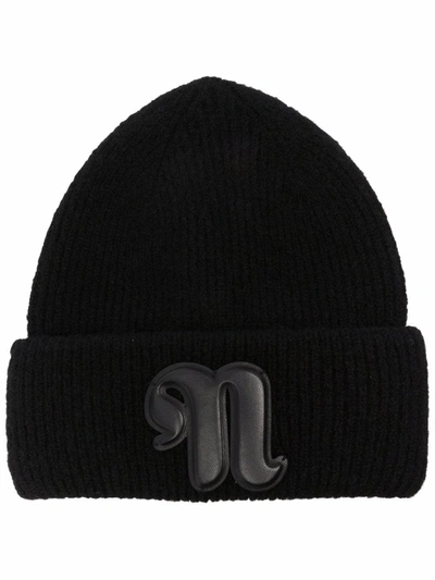 Nanushka Logo-patch Knitted Beanie In Brown