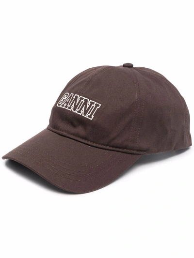 Ganni Logo-embroidered Organic-cotton Baseball Cap In Brown