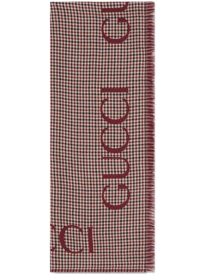 Gucci Script Checked Scarf In Braun