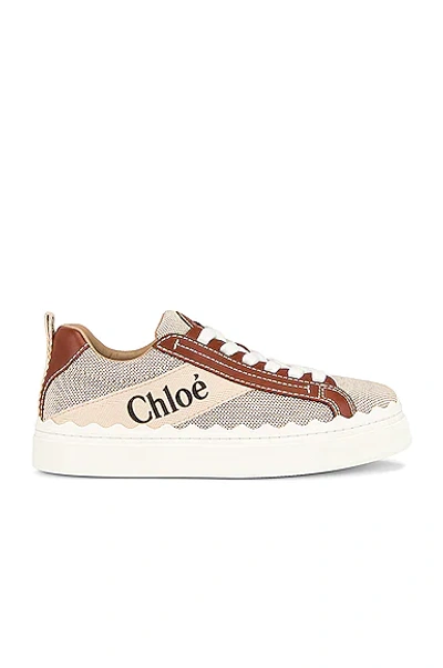 Chloé Woody Lauren Leather-trimmed Logo-print Cotton-canvas Sneakers In Beige