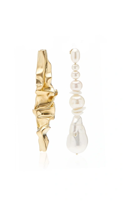 Completedworks ‘crumple' 14k Gold Plated Sterling Silver Freshwater Pearl Ceramic Mismatched Earrings In Metallic