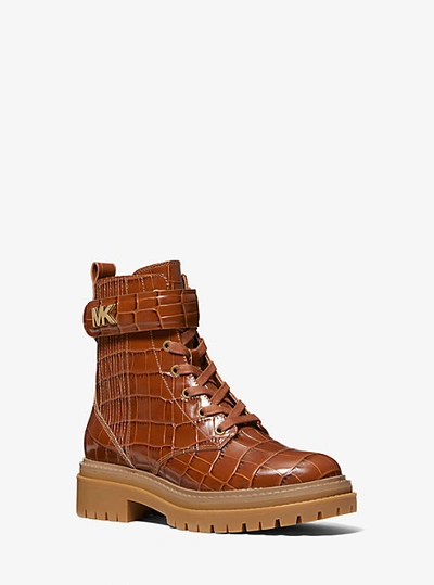 Michael Kors Stark Crocodile Embossed Leather Combat Boot In Brown