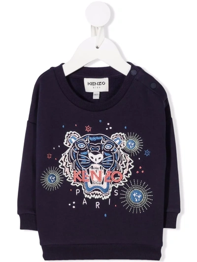 Kenzo Babies' Tiger-print Crew Neck Sweatshirt In Blue